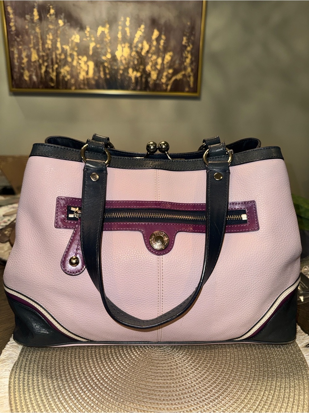 Coach Laura Pink, Navy & Plum Leather Tote with Silver Kiss-lock & Hardware